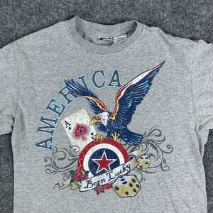 Star T-Shirt Mens Size M Gray America Eagle Born Lucky Graphic Distressed Casual